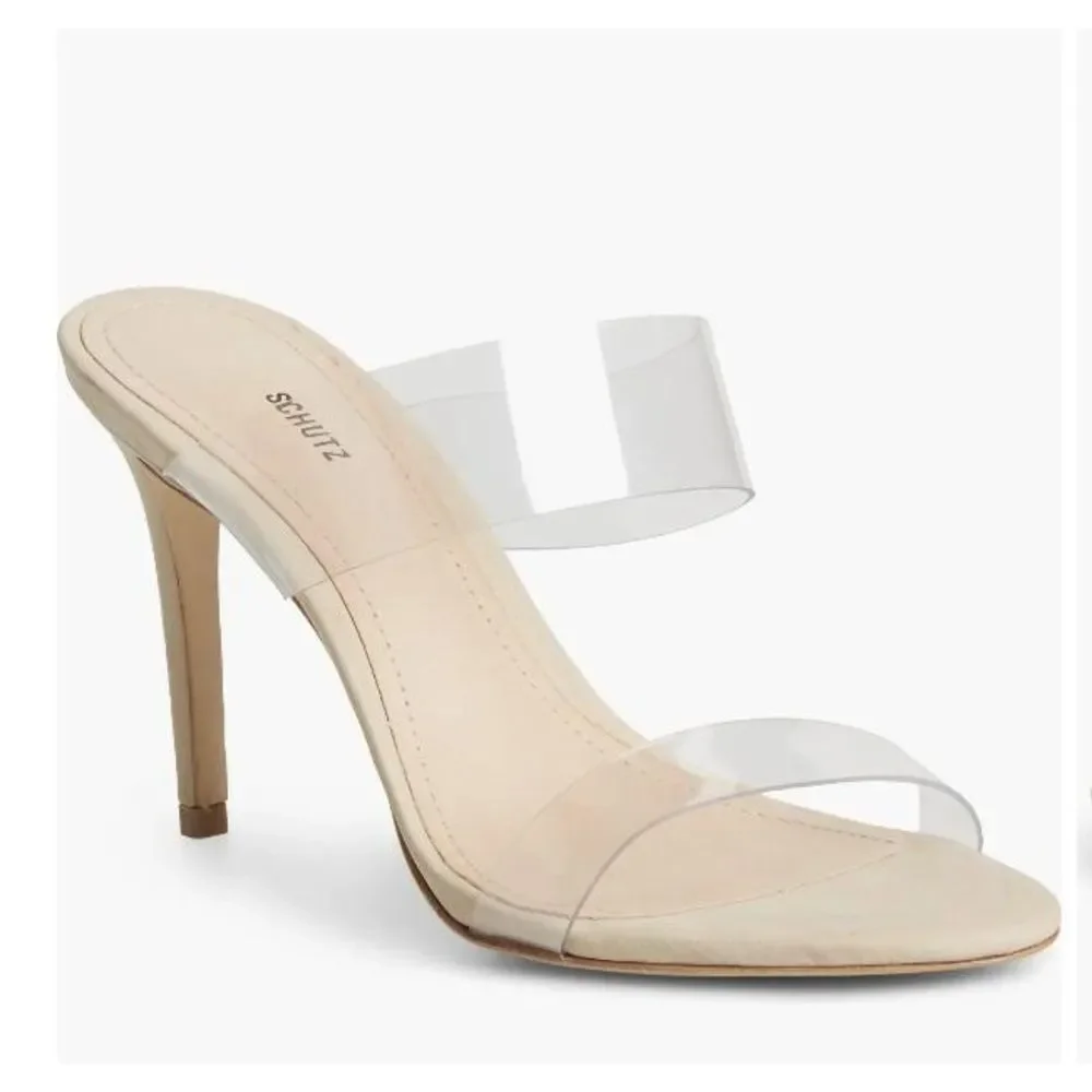 Schutz Heeled Sandals 8.5 Clear Slip On Stiletto Wedding Formal Nude Ariella